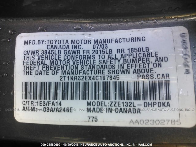 2T1KR32EX4C197845 - 2004 TOYOTA COROLLA MATRIX XR GRAY photo 9