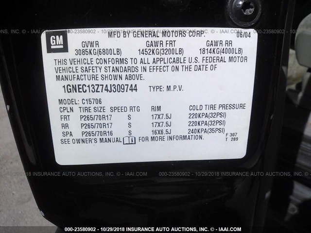 1GNEC13Z74J309744 - 2004 CHEVROLET TAHOE C1500 BLACK photo 9