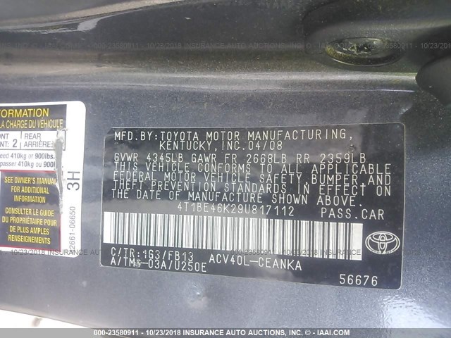 4T1BE46K29U817112 - 2009 TOYOTA CAMRY SE/LE/XLE GRAY photo 9