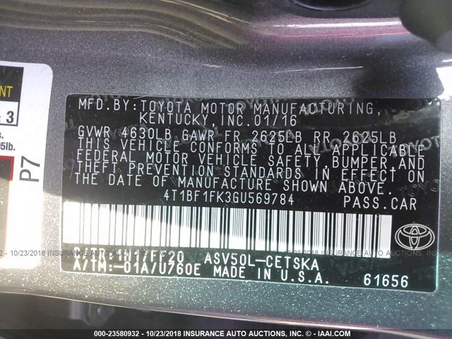 4T1BF1FK3GU569784 - 2016 TOYOTA CAMRY LE/XLE/SE/XSE 灰色 照片 9