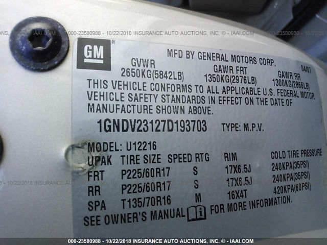 1GNDV23127D193703 - 2007 CHEVROLET UPLANDER LS 金色 照片 9