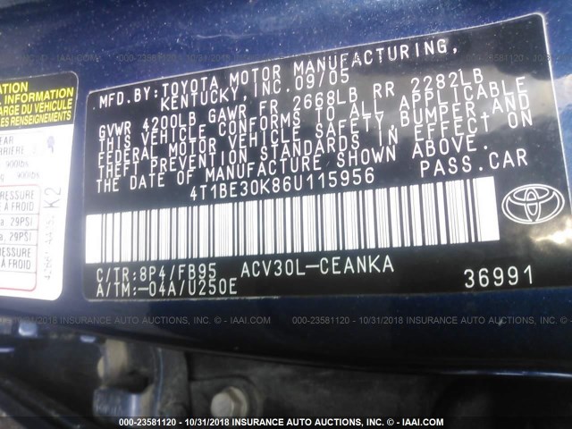 4T1BE30K86U115956 - 2006 TOYOTA CAMRY LE/XLE/SE BLUE photo 9