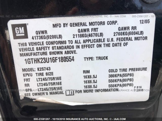 1GTHK23U16F180554 - 2006 GMC SIERRA K2500 HEAVY DUTY BLACK photo 9