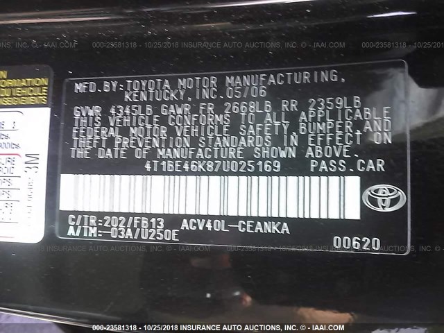 4T1BE46K87U025169 - 2007 TOYOTA CAMRY NEW GENERAT CE/LE/XLE/SE BLACK photo 9