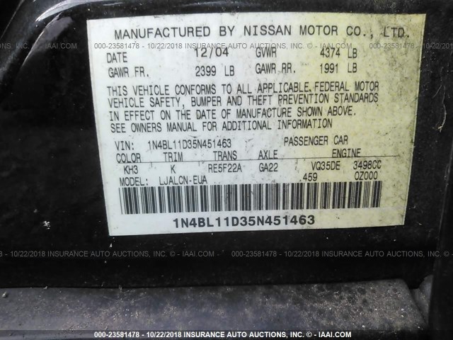 1N4BL11D35N451463 - 2005 NISSAN ALTIMA SE/SL/SE-R BLACK photo 9