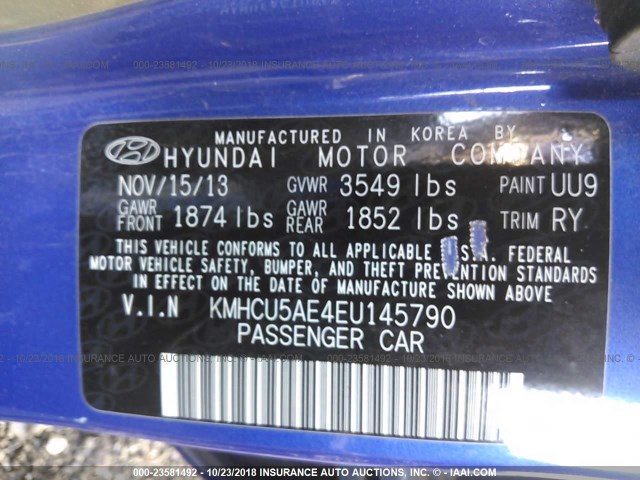 KMHCU5AE4EU145790 - 2014 HYUNDAI ACCENT GLS/SE BLUE photo 9