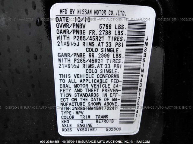 JN8BS1MW4BM170241 - 2011 INFINITI FX50 BLACK photo 9