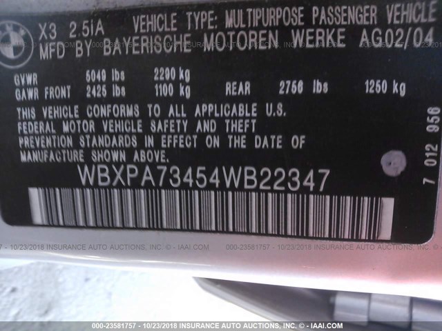 WBXPA73454WB22347 - 2004 BMW X3 2.5I SILVER photo 9