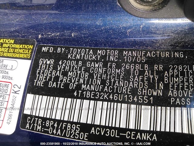 4T1BE32K46U134551 - 2006 TOYOTA CAMRY LE/XLE/SE BLUE photo 9