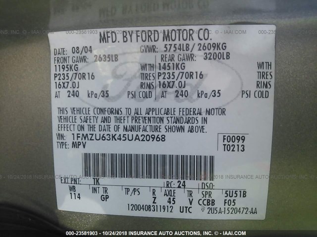 1FMZU63K45UA20968 - 2005 FORD EXPLORER XLT/XLT SPORT/NBX 棕色 照片 9