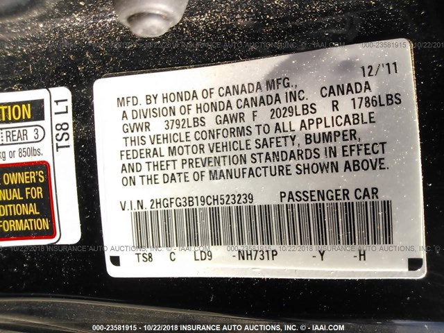 2HGFG3B19CH523239 - 2012 HONDA CIVIC EXL 黑色 照片 9