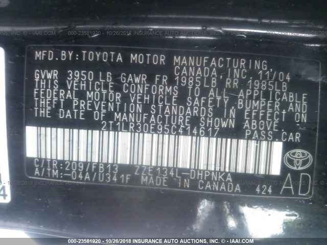 2T1LR30E95C414617 - 2005 TOYOTA COROLLA MATRIX XR BLACK photo 9