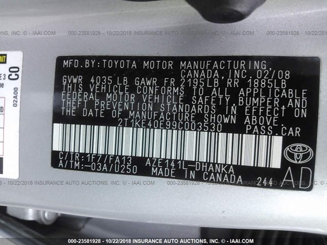 2T1KE40E99C003530 - 2009 TOYOTA COROLLA MATRIX S SILVER photo 9