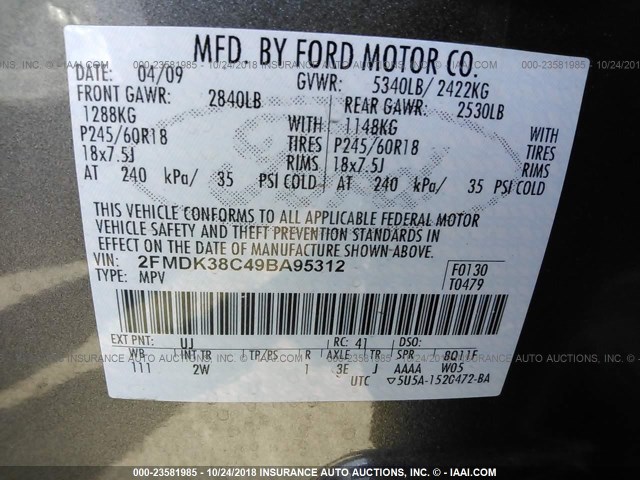 2FMDK38C49BA95312 - 2009 FORD EDGE SEL GRAY photo 9