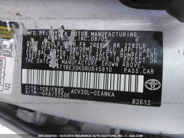 4T1BE30K06U645810 - 2006 TOYOTA CAMRY LE/XLE/SE SILVER photo 9