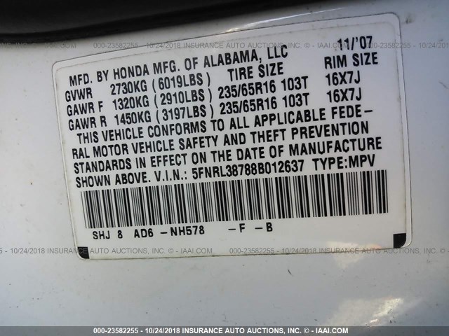 5FNRL38788B012637 - 2008 HONDA ODYSSEY EXL WHITE photo 9