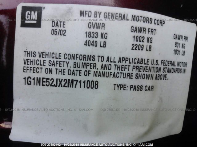 1G1NE52JX2M711008 - 2002 CHEVROLET MALIBU LS მუქწითელი ფოტო 9