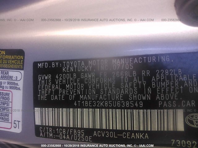 4T1BE32K85U638549 - 2005 TOYOTA CAMRY LE/XLE/SE SILVER photo 9