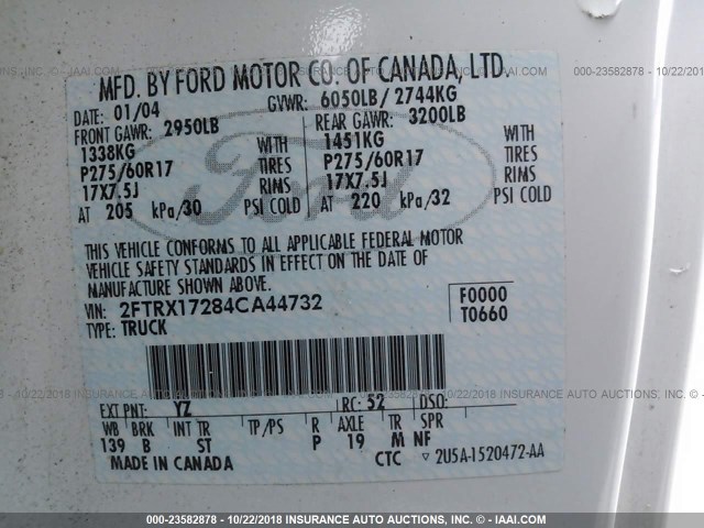 2FTRX17284CA44732 - 2004 FORD F-150 HERITAGE CLASSIC WHITE photo 9