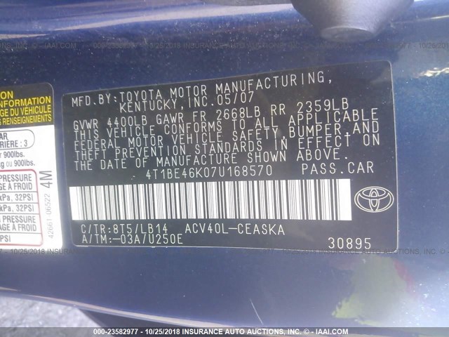 4T1BE46K07U168570 - 2007 TOYOTA CAMRY NEW GENERAT CE/LE/XLE/SE BLUE photo 9