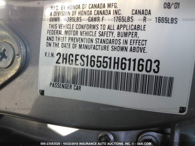 2HGES16551H611603 - 2001 HONDA CIVIC LX SILVER photo 9