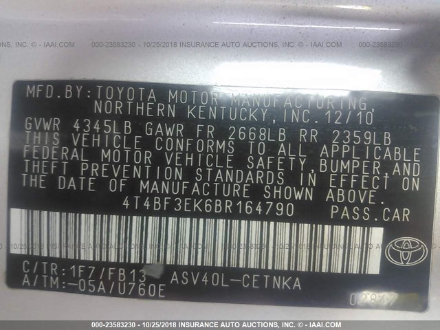 4T4BF3EK6BR164790 - 2011 TOYOTA CAMRY SE/LE/XLE ვერცხლისფერი ფოტო 9