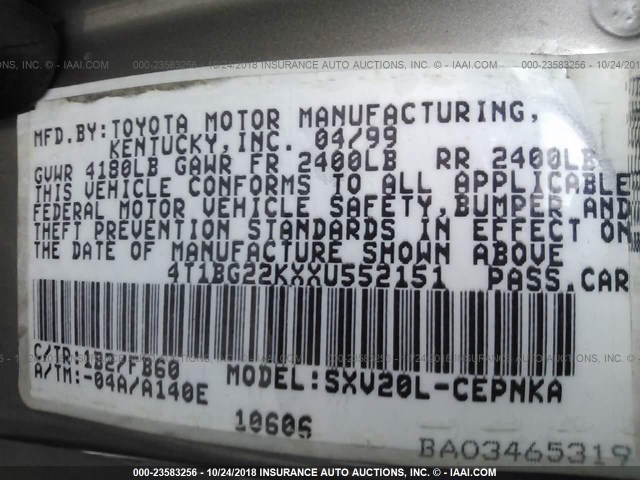 4T1BG22KXXU552151 - 1999 TOYOTA CAMRY CE/LE/XLE ნაცრისფერი ფოტო 9