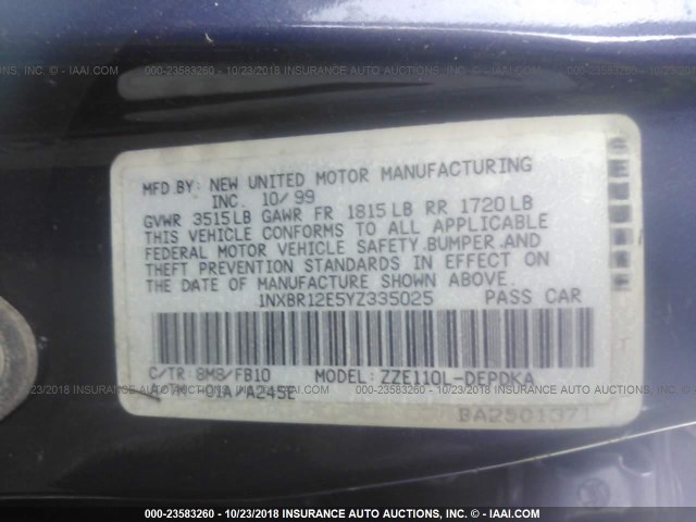 1NXBR12E5YZ335025 - 2000 TOYOTA COROLLA VE/CE/LE 蓝色 照片 9