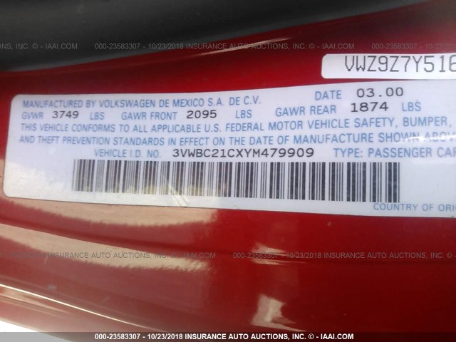 3VWBC21CXYM479909 - 2000 VOLKSWAGEN NEW BEETLE GL RED photo 9