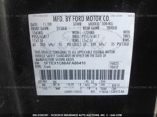 1FTEX1C88AFA86410 - 2010 FORD F150 SUPER CAB BLACK photo 9