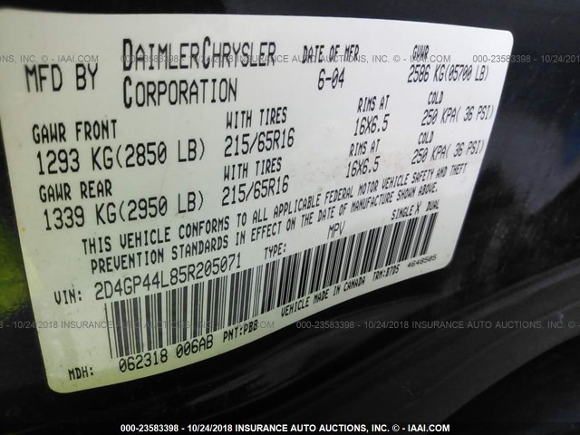 2D4GP44L85R205071 - 2005 DODGE GRAND CARAVAN SXT 蓝色 照片 9