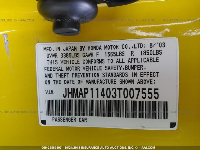 JHMAP11403T007555 - 2003 HONDA S2000 YELLOW photo 9