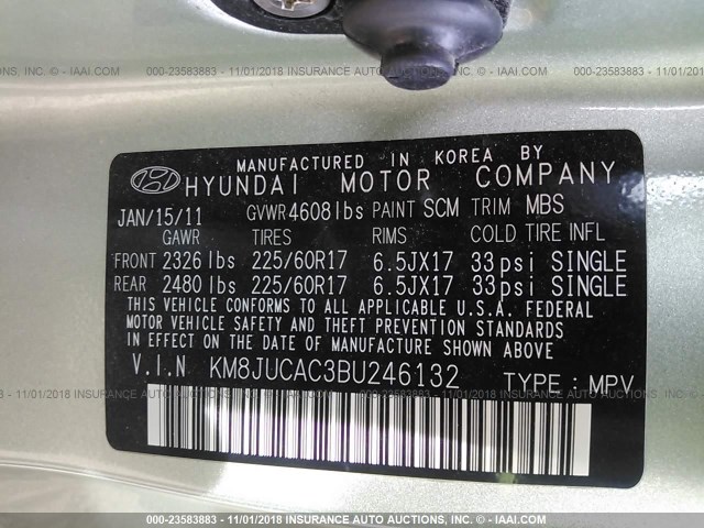 KM8JUCAC3BU246132 - 2011 HYUNDAI TUCSON GLS/LIMITED 绿色 照片 9