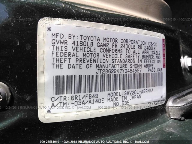 JT2BG22K7Y0484557 - 2000 TOYOTA CAMRY CE/LE/XLE 绿色 照片 9