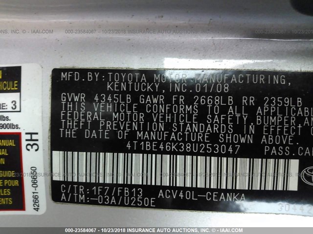 4T1BE46K38U253047 - 2008 TOYOTA CAMRY CE/LE/XLE/SE SILVER photo 9