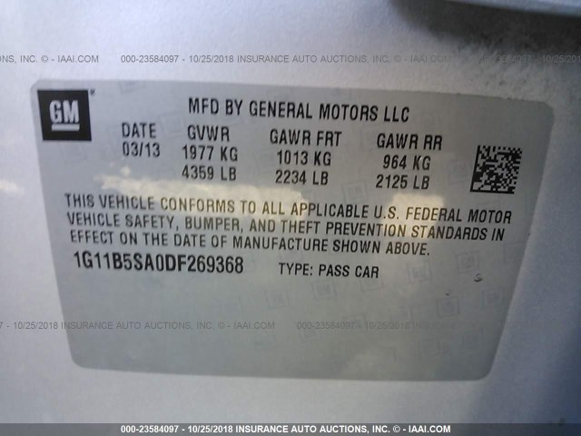 1G11B5SA0DF269368 - 2013 CHEVROLET MALIBU LS ვერცხლისფერი ფოტო 9