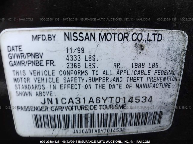 JN1CA31A6YT014534 - 2000 NISSAN MAXIMA GLE/GXE/SE PURPLE photo 9