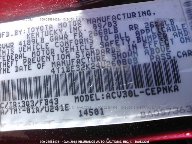 4T1BE32K24U260808 - 2004 TOYOTA CAMRY LE/XLE/SE RED photo 9