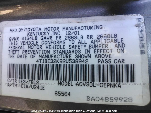 4T1BE32K92U538942 - 2002 TOYOTA CAMRY LE/XLE/SE GRAY photo 9