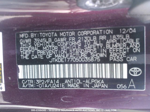 JTKDE177050035875 - 2005 TOYOTA SCION TC 勃艮第红 照片 9