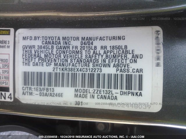2T1KR38EX4C312273 - 2004 TOYOTA COROLLA MATRIX XR GRAY photo 9
