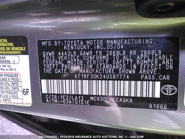 4T1BF30K24U587774 - 2004 TOYOTA CAMRY LE/XLE/SE 灰色 照片 9