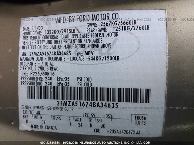 2FMZA51674BA34635 - 2004 FORD FREESTAR SE GOLD photo 9