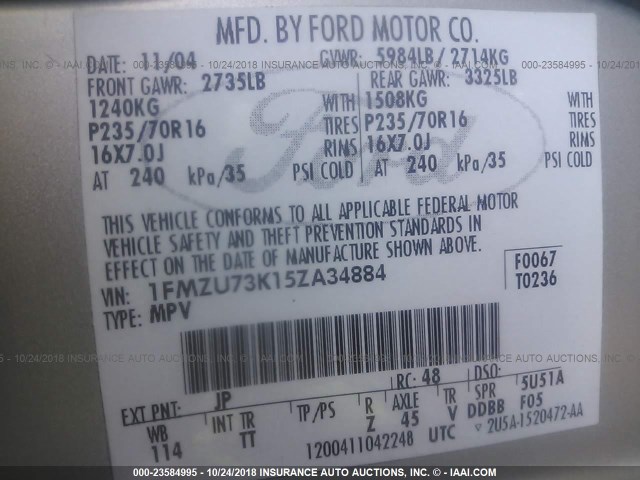 1FMZU73K15ZA34884 - 2005 FORD EXPLORER XLT/XLT SPORT/NBX 银色 照片 9