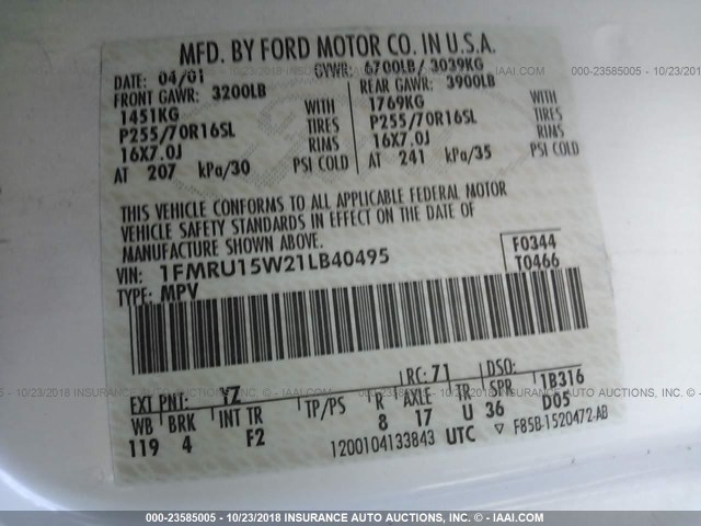 1FMRU15W21LB40495 - 2001 FORD EXPEDITION XLT WHITE photo 9