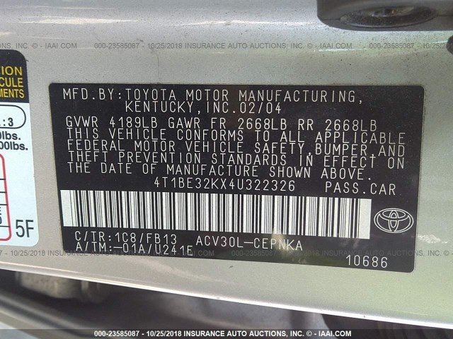 4T1BE32KX4U322326 - 2004 TOYOTA CAMRY LE/XLE/SE SILVER photo 9