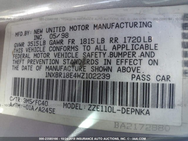 1NXBR18E4WZ102239 - 1998 TOYOTA COROLLA VE/CE/LE 棕色 照片 9