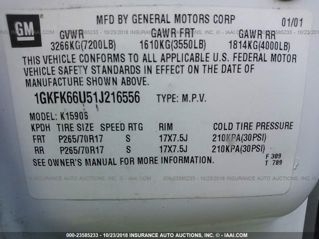 1GKFK66U51J216556 - 2001 GMC DENALI XL K1500 WHITE photo 9