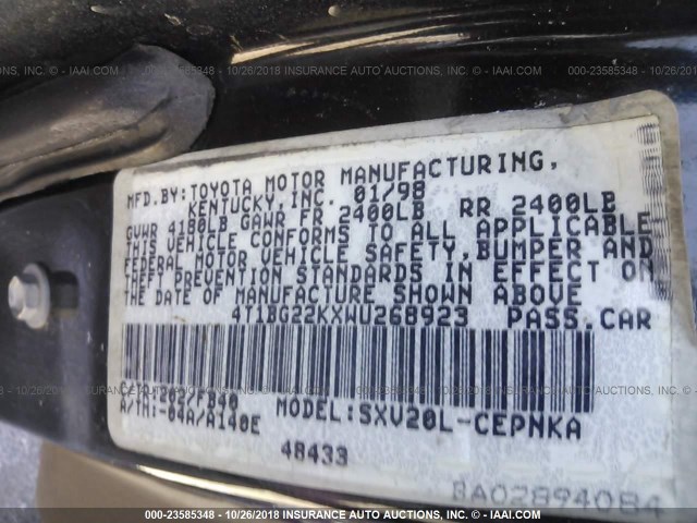 4T1BG22KXWU268923 - 1998 TOYOTA CAMRY CE/LE/XLE 黑色 照片 9