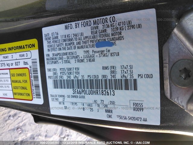 3FA6P0LU0HR182613 - 2017 FORD FUSION SE HYBRID GRAY photo 9